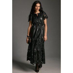 NWT Anthropologie The Somerset Maxi Dress Faux Leather XS Black Embroidered $230
